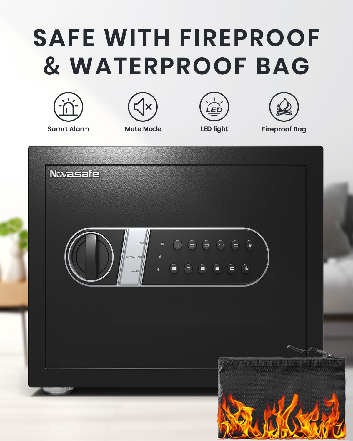 Safe Box, Home Safe with Key & Fireproof Waterproof Bag, Money Safe for Cash Office Cabinet, Anti-Theft Safety Box, Digital Electronic Keypad, Dual Alarm System - 1.2 Cubic Feet