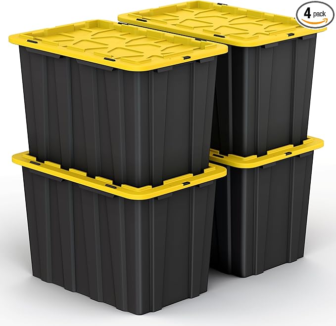 Lifetime Home 4 PACK of X-Large 23 Gallon Plastic Storage Bin Tote Organizing Container with Secure Latching Lids, Stackable, Extra Strength with Built in Handle - Black & Yellow