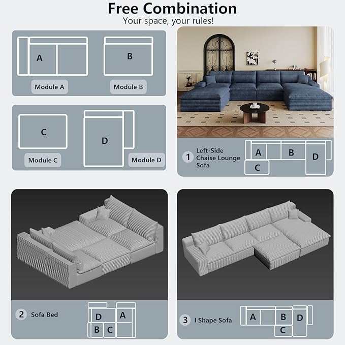 136" Cloud Sectional Couch U-Shaped Chaise with Ottoman, Corduroy Boneless Couch for Living Room Bedroom, Deep-Seat Upholstered Modular Cloud Sofa, No Assembly Required (Blue, Right Facing Chaise)