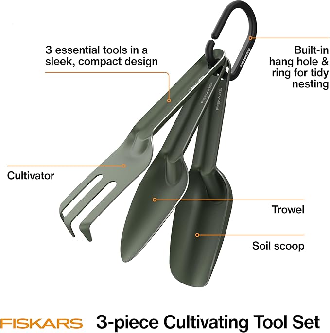 Fiskars 3‑Piece Cultivating Tool Set, Stainless Steel Trowel, Scoop & Cultivator with Space‑Saving Nesting Design