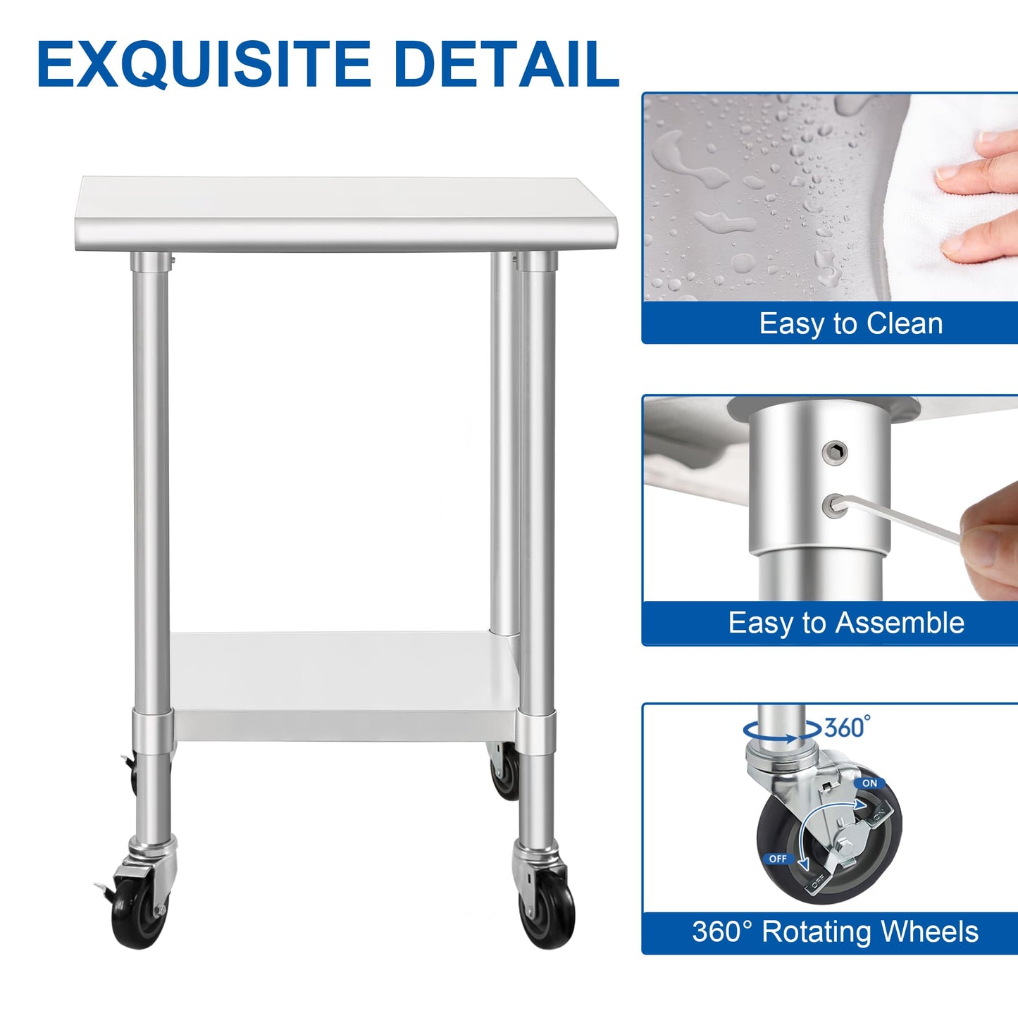 HARDURA Stainless Steel Commercial Table Prep & Work Table with Casters Heavy Duty Metal Table with Wheels NSF 430 18×30 Inches