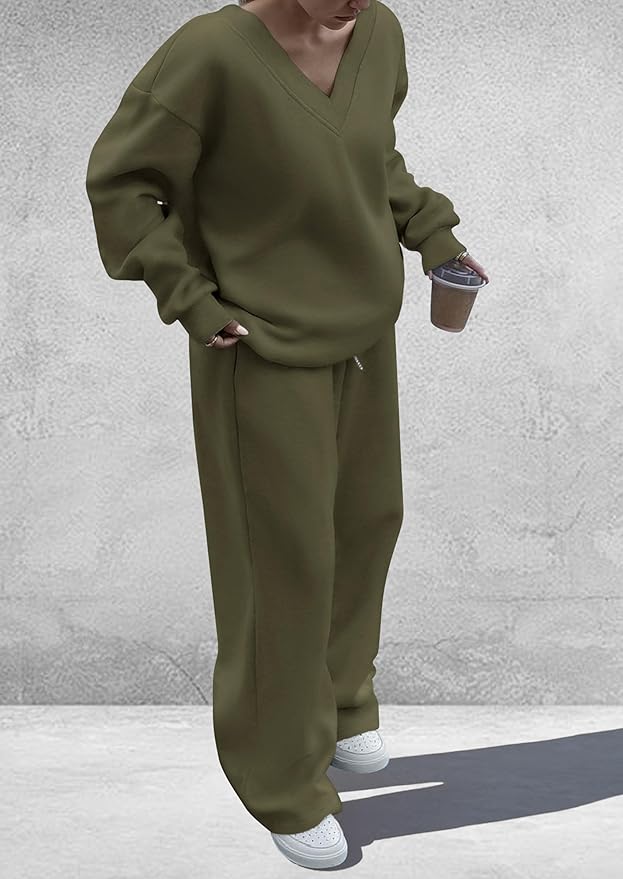 PRETTYGARDEN Casual Winter Two Piece Sets for Women 2026 V Neck Sweatshirt Loose Wide Leg Pants Tracksuit Knit Fall Outfits