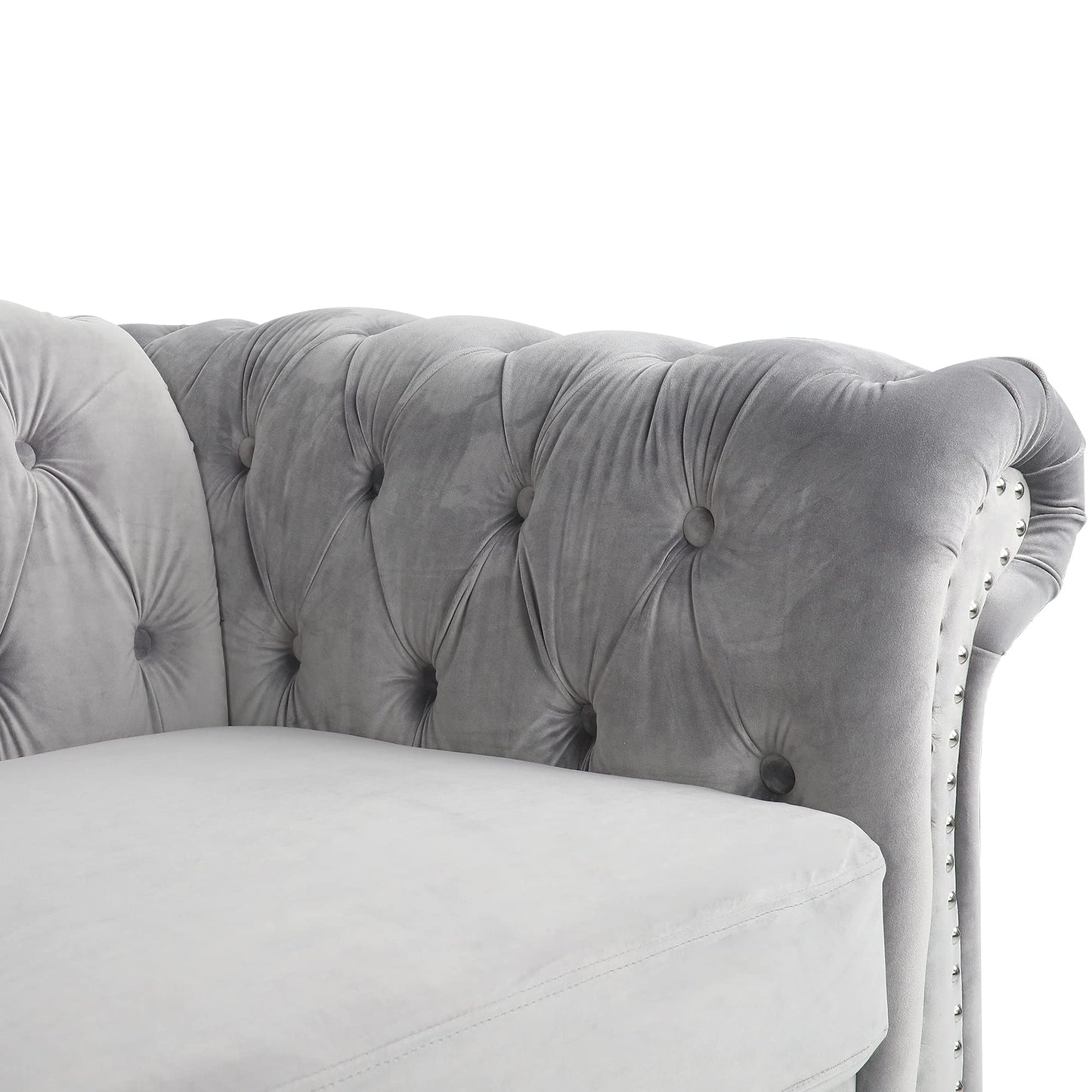 Chesterfield Sofa Velvet, Modern Tufted Couch 3 Seater with Rolled Arms and Nailhead for Living Room, Bedroom, Office, Apartment (Grey)