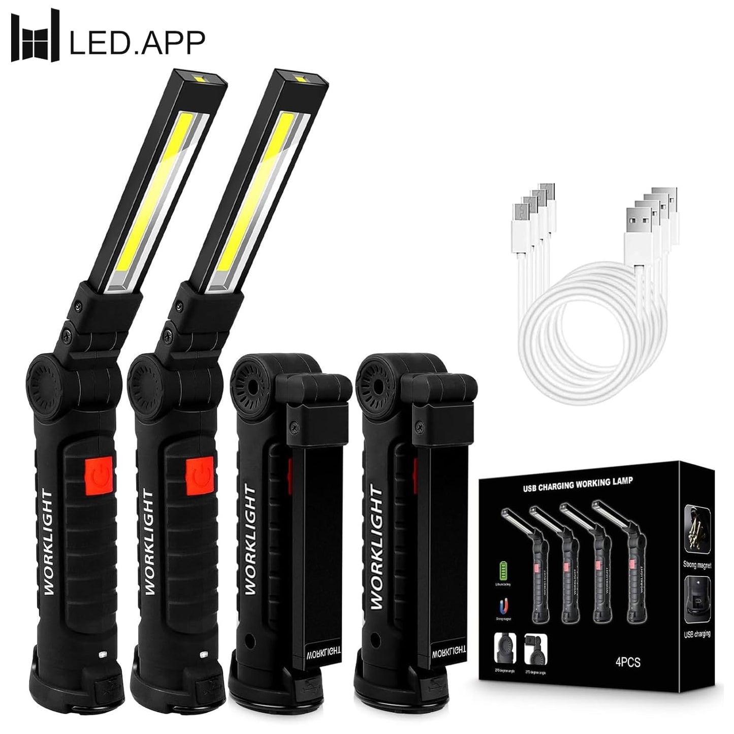 4Pack LED Work Lights, USB Rechargeable COB Light with Magnetic Base 360°Rotate and 5 Modes, Folding Flashlight Inspection Light for Car Repairing, Workshop, Household and Emergency Use, Large
