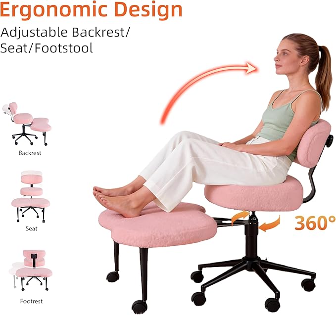 DUMOS Ergonomic ADHD Cross Legged Office Desk Chair with Adjustable Backrest, Height Adjustbale Meditation Chair with 360° Swivel Footstool, Teddy Fabric Yoga Stool for Home Office, Pink