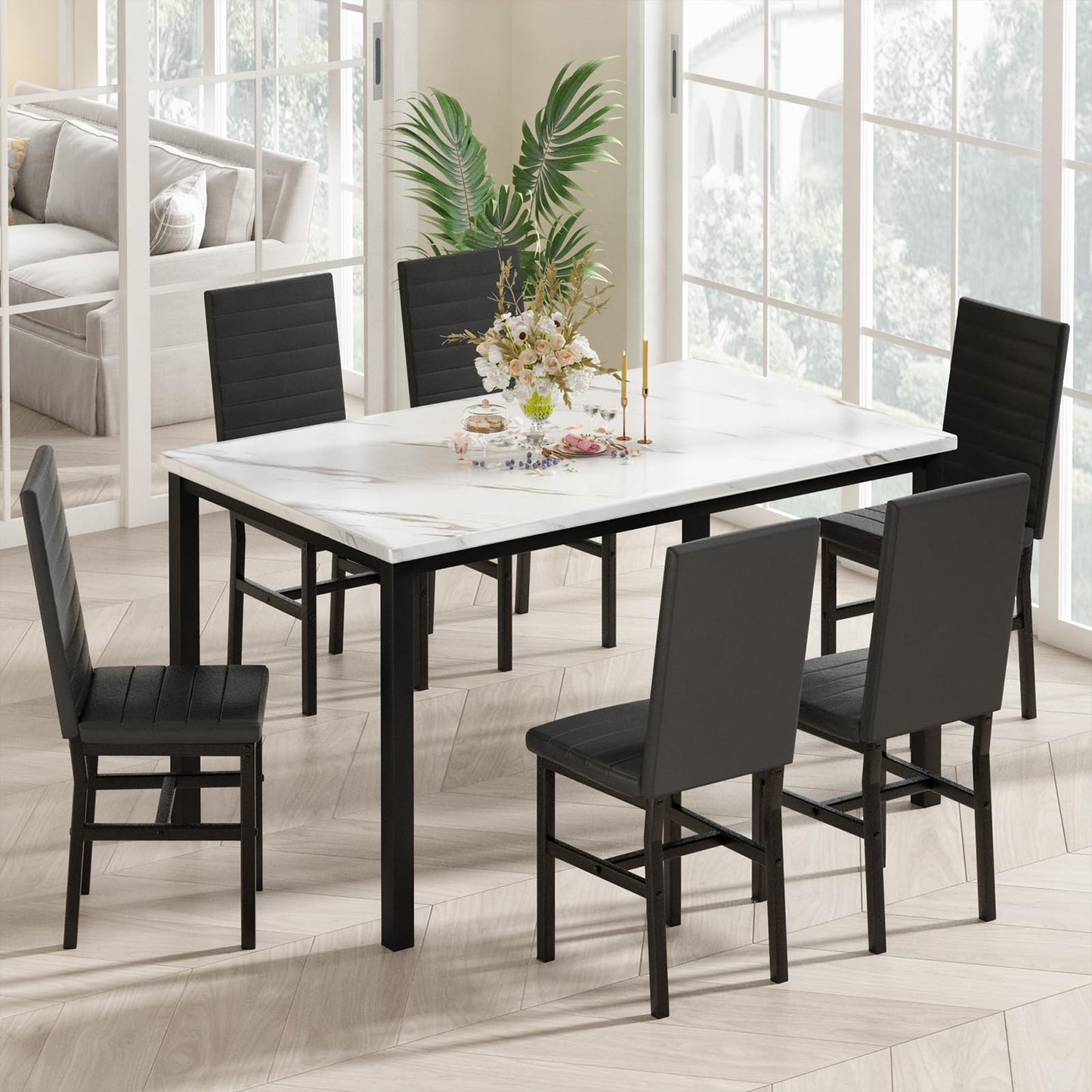 Recaceik Dinner Table Set for 6,Faux Marble Dining Room Table Set,7 Piece Dining Table Set for 6 with PU Leather for Kitchen and Dining (White & Black)