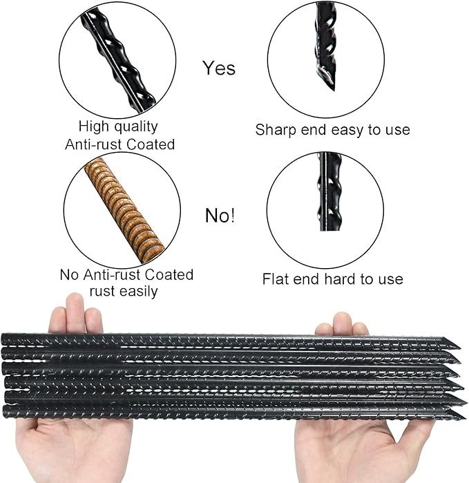 IHOSHENG 16 Inch Ground Rebar Stakes Heavy Duty Steel Ground Anchors for Outdoor, Straight Metal Stakes with Chisel Point end, Black Powder Coated (24)