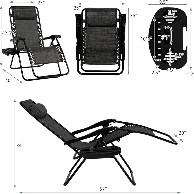 Tangkula Set of 2 Zero Gravity Chair, Folding Patio Lounge Chair Adjustable Outdoor Recliner with Cup Holder, Wide Armrest for Patio Garden Poolside Outdoor Yard Beach, Support 350 lbs (2, Grey)