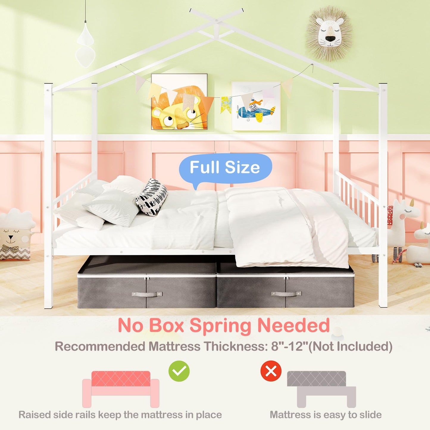 Giantex Full Size House Bed with 2 Storage Drawers, Metal Montessori Bed Frame with Headboard & Footboard, Full House Beds for Kids Girls Boys, No Box Spring Needed, Noise Free (White)