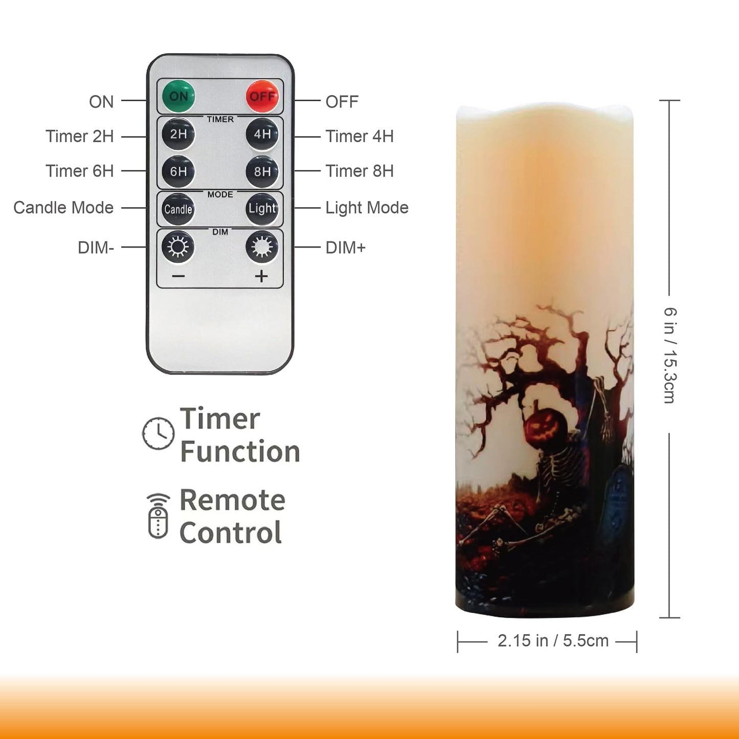 Halloween Flameless LED Candles, Set of 6, Gothic Design with Remote Control, 6 in x 2.15 in, 2AA Battery Operated 400+ Hours, Timer Function, Halloween Decorations in Fall, Indoor/Outdoor Ues.