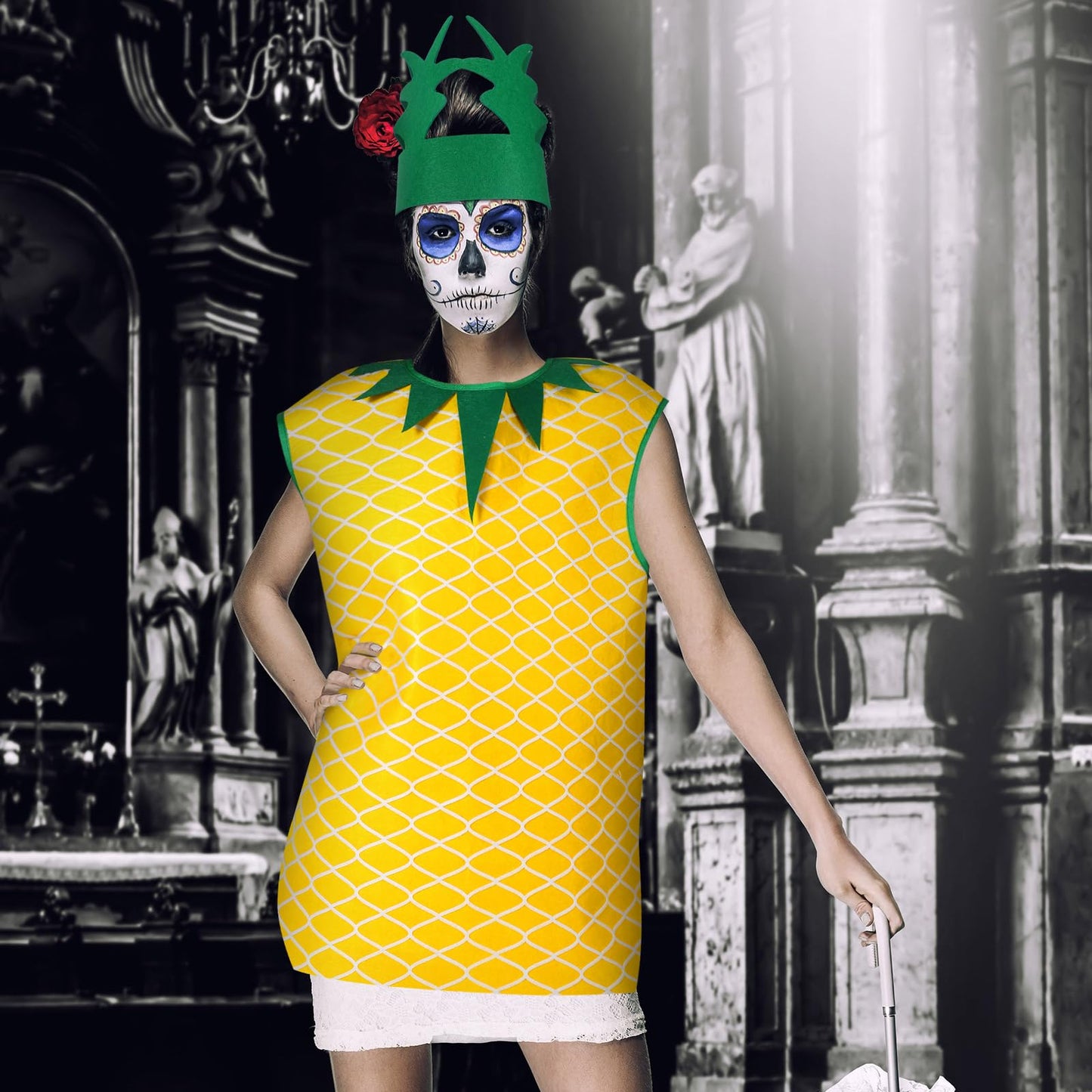 Suhine 3 Pcs Halloween Pineapple Costume Pineapple Poncho Outfits Costume for Women with Hat Hand Bag Funny Fruit Costume for Halloween Cosplay Dress up Party