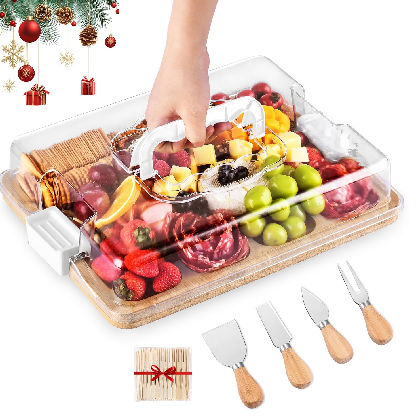 Charcuterie Board with Lid and Handle, Portable Travel Bamboo Cheese Board Set with 4 Cheese Tools, Gift for Housewarming, Weddings, Picnics, Christmas (6 Compartments, White)