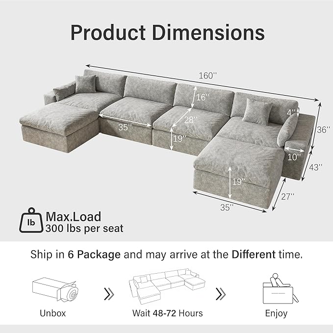 160'' Oversized Boneless Sectional Couches for Living Room, Deepseat Boneless Cloud Modular Sectional Sofa with Ottoman, No Assembly Required L-Shape Cloud Sofa, Plush Fabric, Light Gray