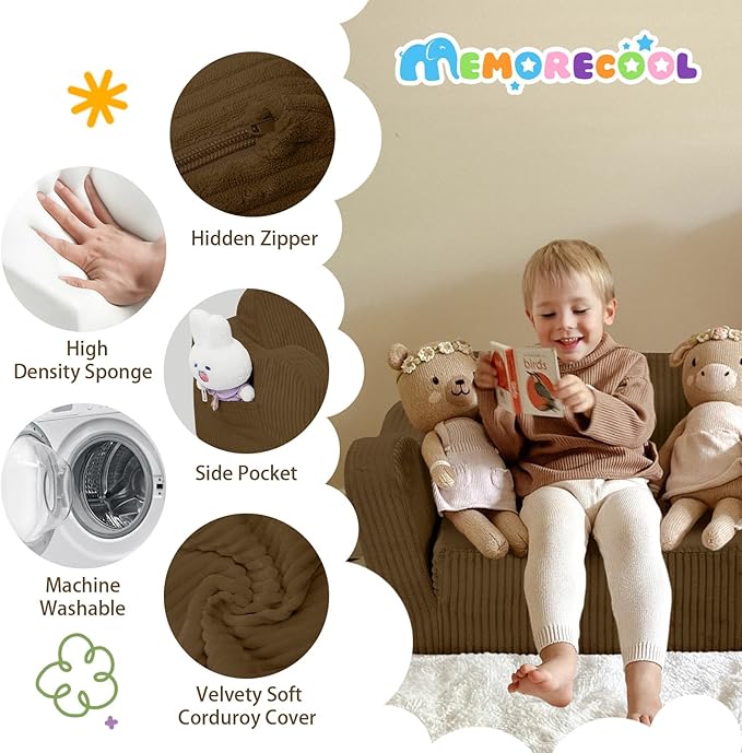 MeMoreCool Toddler Lounge & Sofa Bed Chair – Corduroy, Brown, Ages 1‑3 | 2‑in‑1 Fold‑Out Kids Couch & Pull‑Out Recliner for Playtime, Nap Time & Lounging