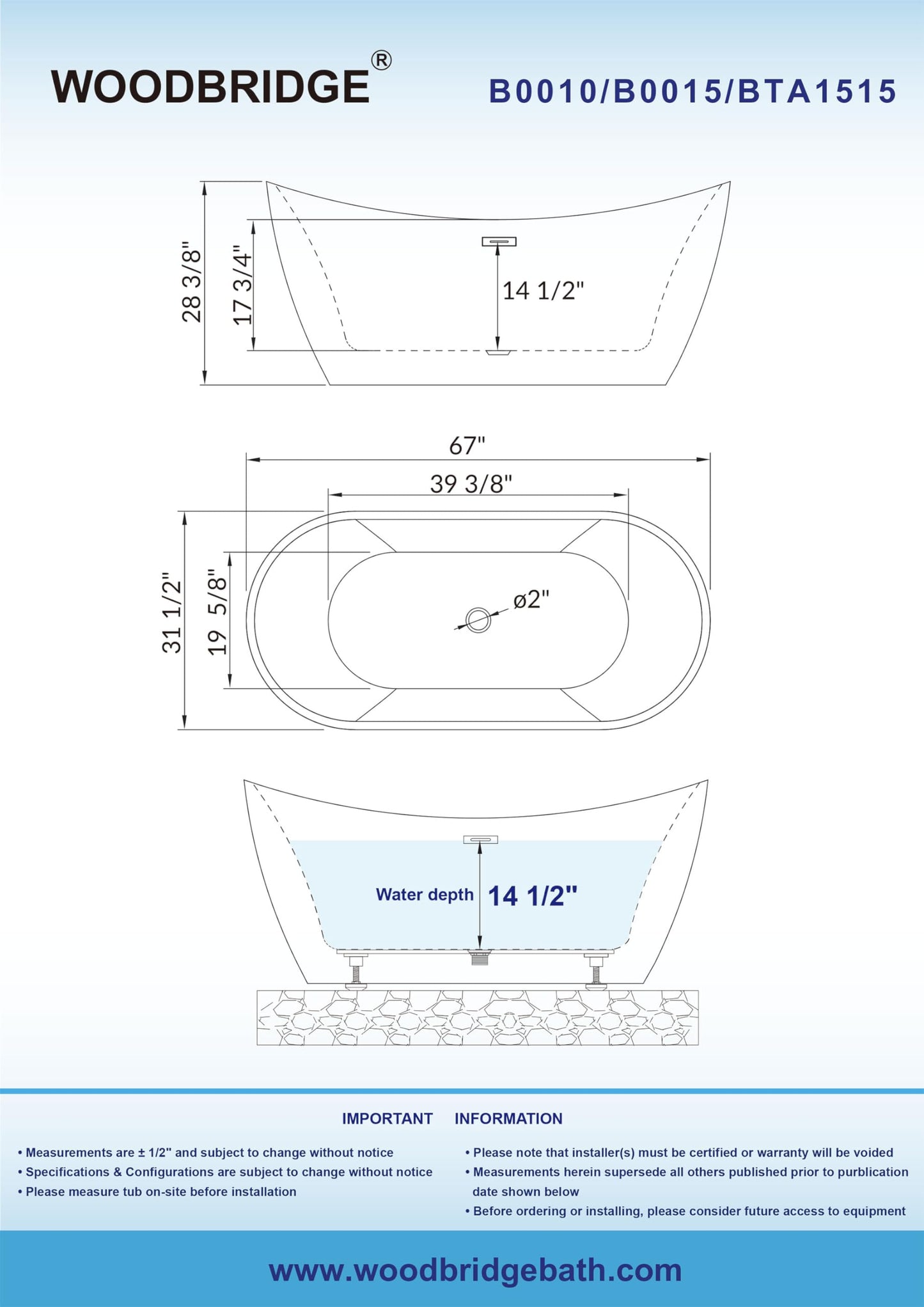 WOODBRIDGE 67" Acrylic Freestanding Bathtub Contemporary Soaking Tub, White Acrylic (Brushed Nickel Drain/Overflow),B-0010 B/N-Drain &O