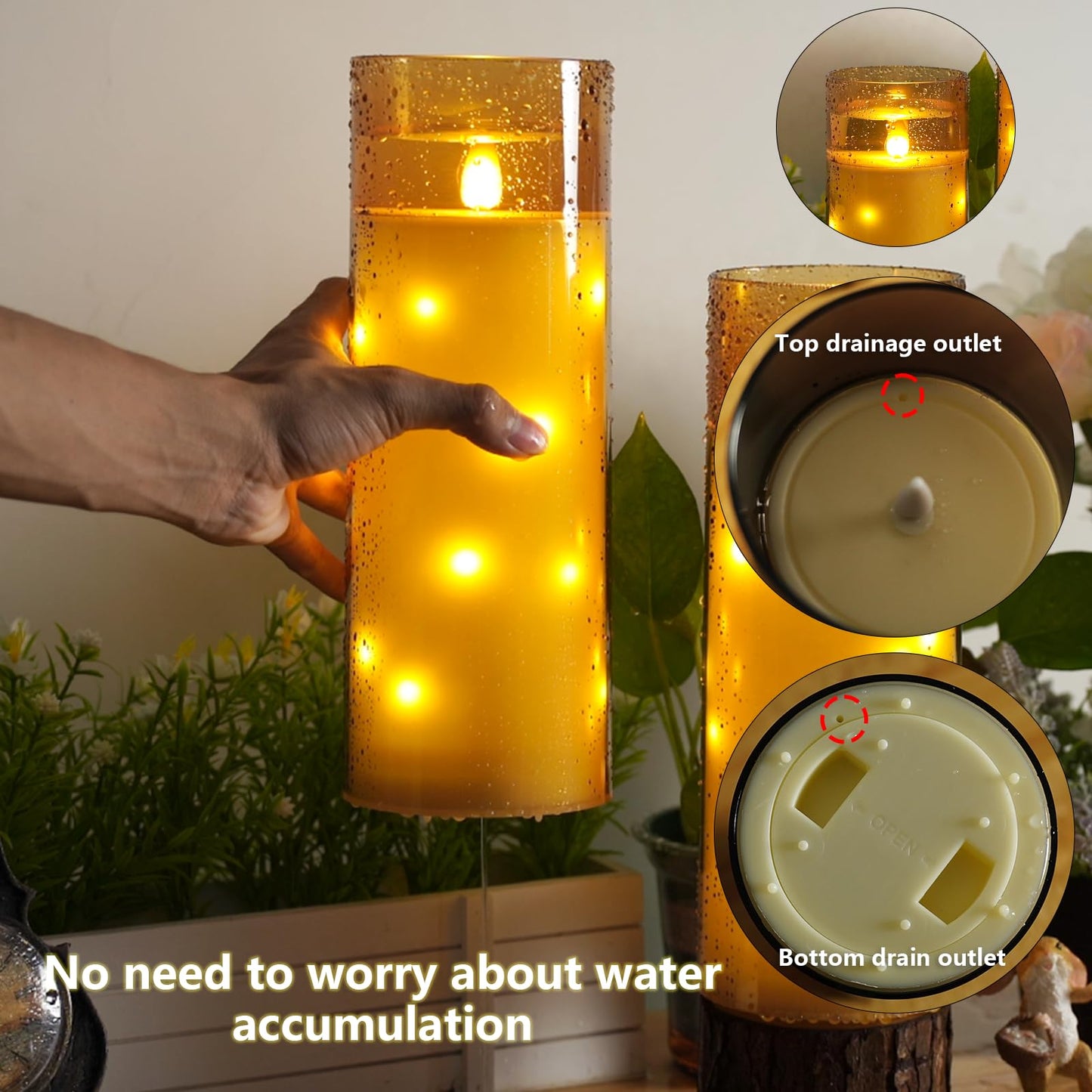 kakoya 11" x 4" Large Outdoor Waterproof Flameless LED Candles with Remote and Timer,Acrylic Pillar Candles Battery Operated with Embedded Star String for Porch,Patio,Outdoor Decor,Set of 2(Gold)
