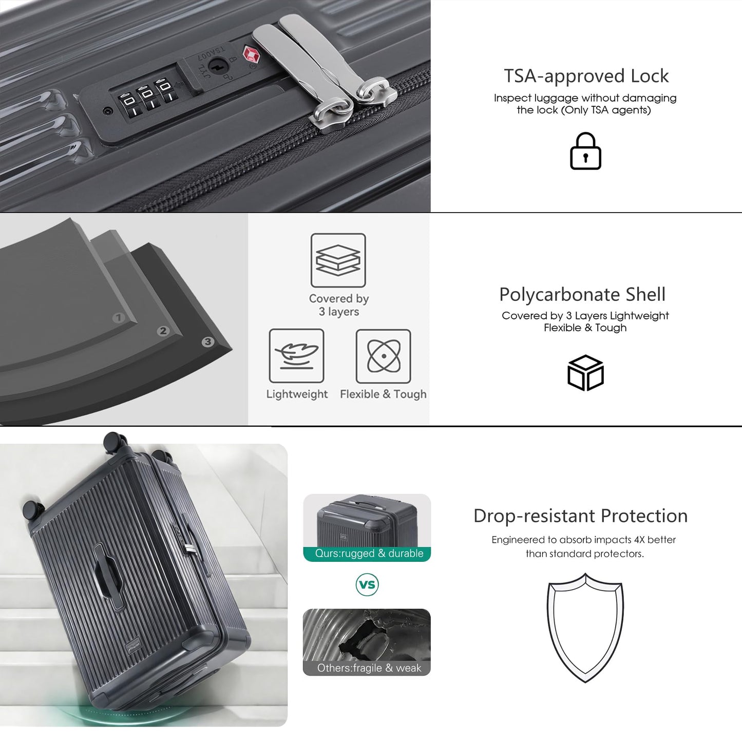 LIGHTGO Ultra-Lightweight PC+ABS Suitcase with TSA Lock & Quiet 360°Wheels, 20/26/30 Inch Expandable Luggage, Smart Organizer with Magical Divider & Waterproof Zone(20inch Carbon Grey)