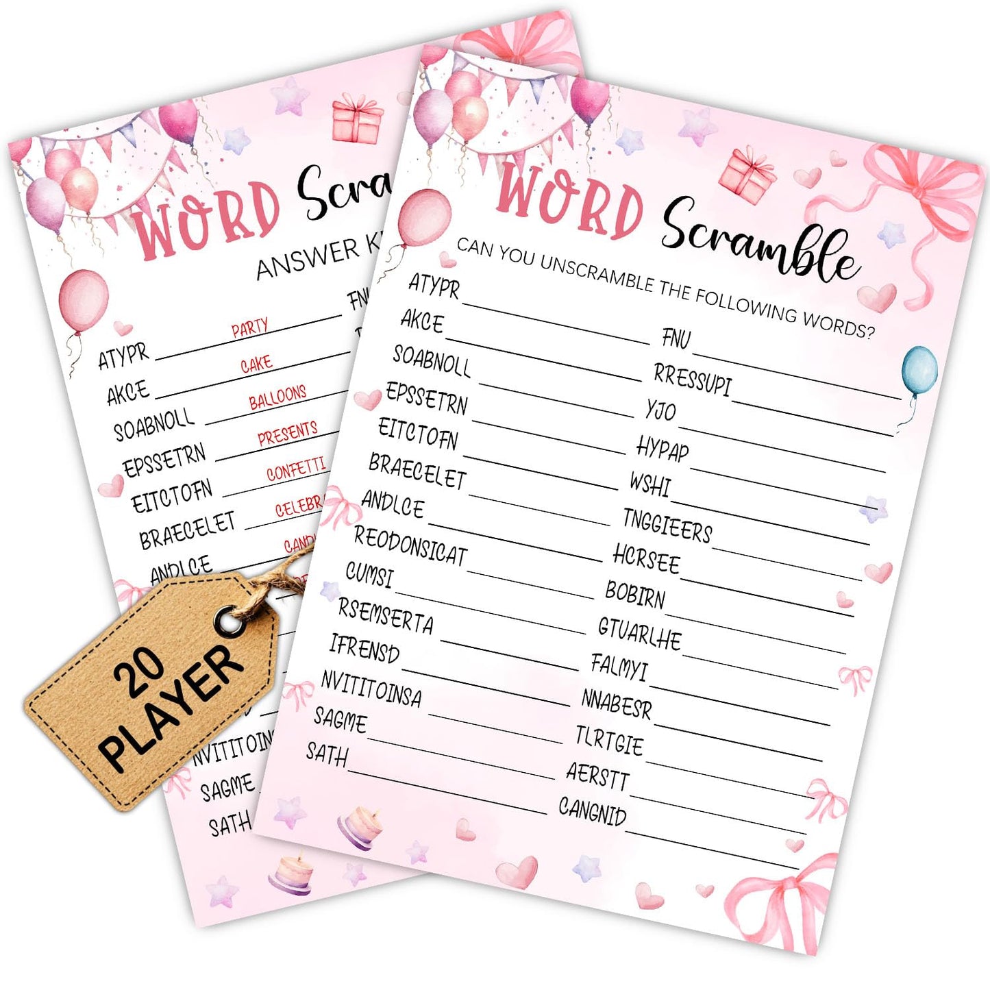 Coquette Pink Bow Themed Sleepover Slumber Party Supplies-Pink Slumber Party Games Card - Sleepover Stuff- Birthday Night Games Creative Idea -Word Scramble- 20 Game Cards and 2 Answer Key