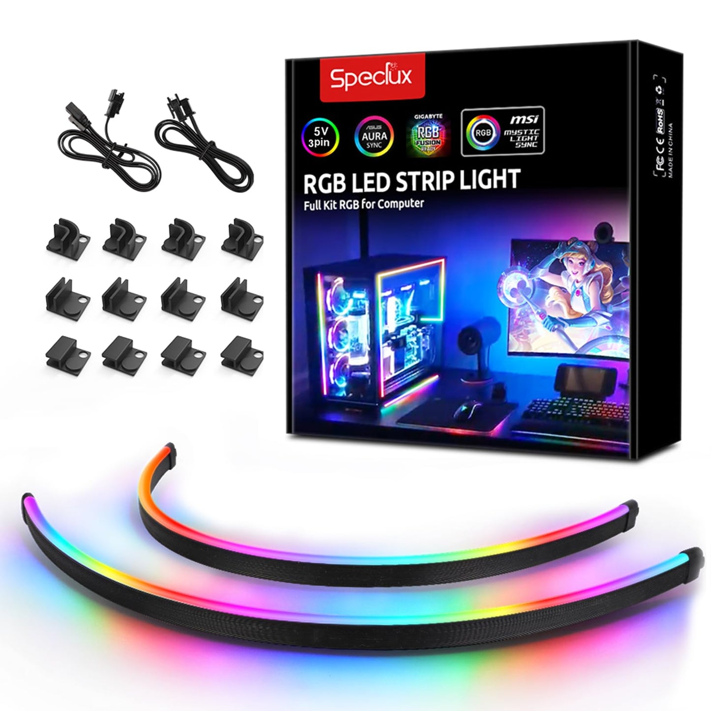 Speclux NEON Addressable RGB PC LED Strip, 2x15.7inch WS2812 RGB Rainbow Magnetic ARGB Strip for 5V 3-pin Aura SYNC, Gigabyte RGB Fusion, MSI Mystic Light Sync, with 12pcs Strong Magnetic Brackets
