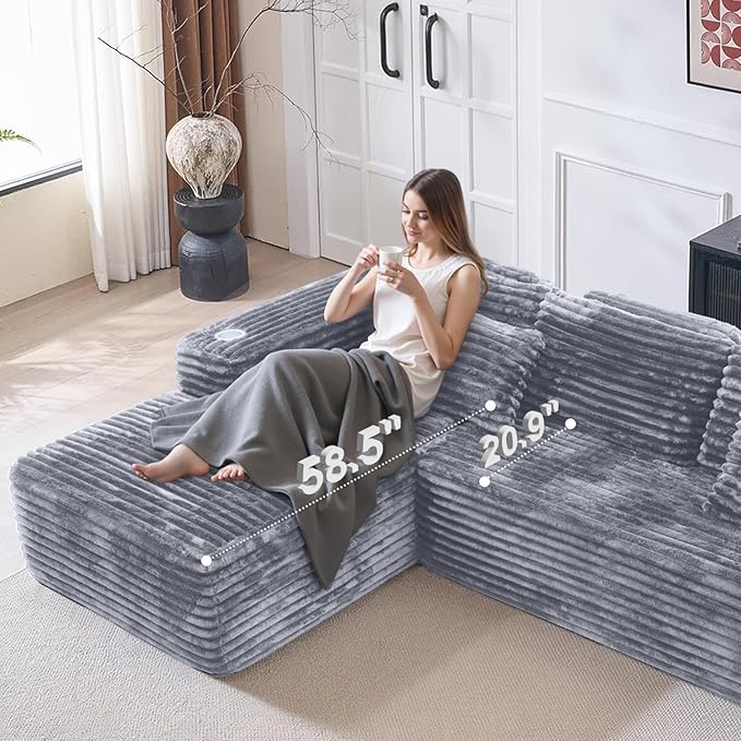 Cloud Sectional Couch with L-Shape Chaise, Modern Modular Sofa with Deep Seat, Built-in Cup Holder & Storage Pocket for Living Room Bedroom, No Assembly Required (Light Gray, Right Sitting Chaise)