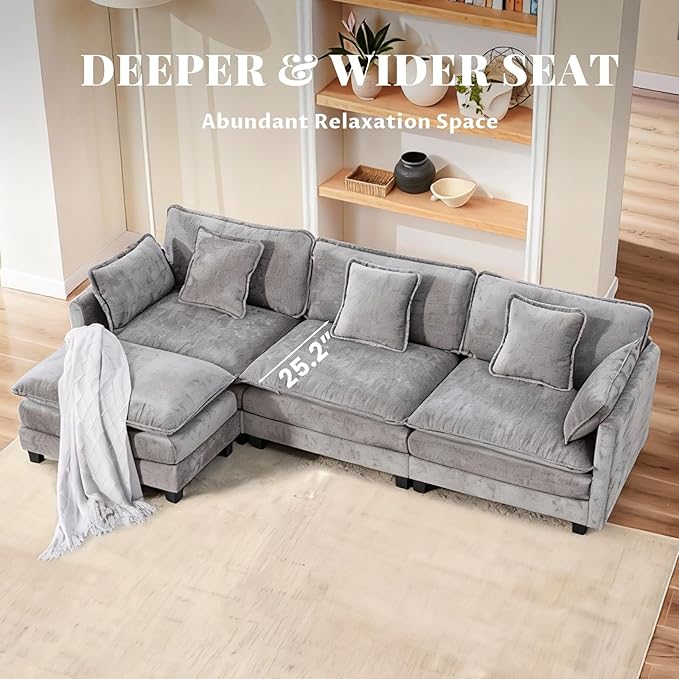 SoarFlash 113.78" Chenille Sectional Sofa, Comfy L Shaped Modular Coush Sofa with Ottoman, Modern 4 Seat Couch Deep Seat Sofa Set for Living Room,Grey