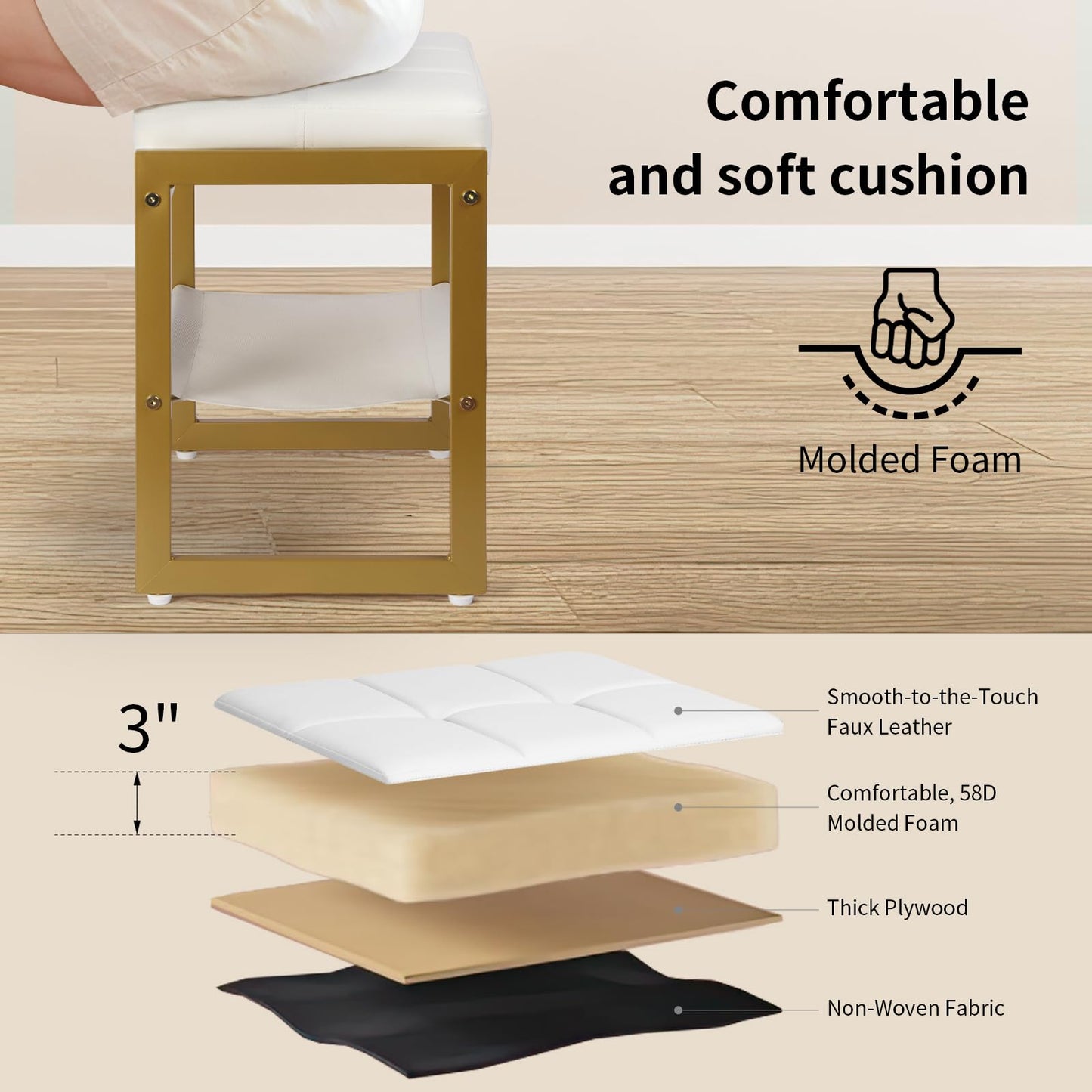 FrexCheng Vanity Stool, Faux Leather Vanity Chair Stool for Dressing Table, Modern Gold Metal Footstool Ottoman for Bedroom & Living Room, White & Gold