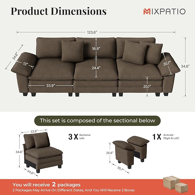 MIXPATIO 123" Cloud Modular Sectional Sofa, 3-Seater w/Deep Seat & Removable Arms, Plush Chenille for Living Room - Taupe