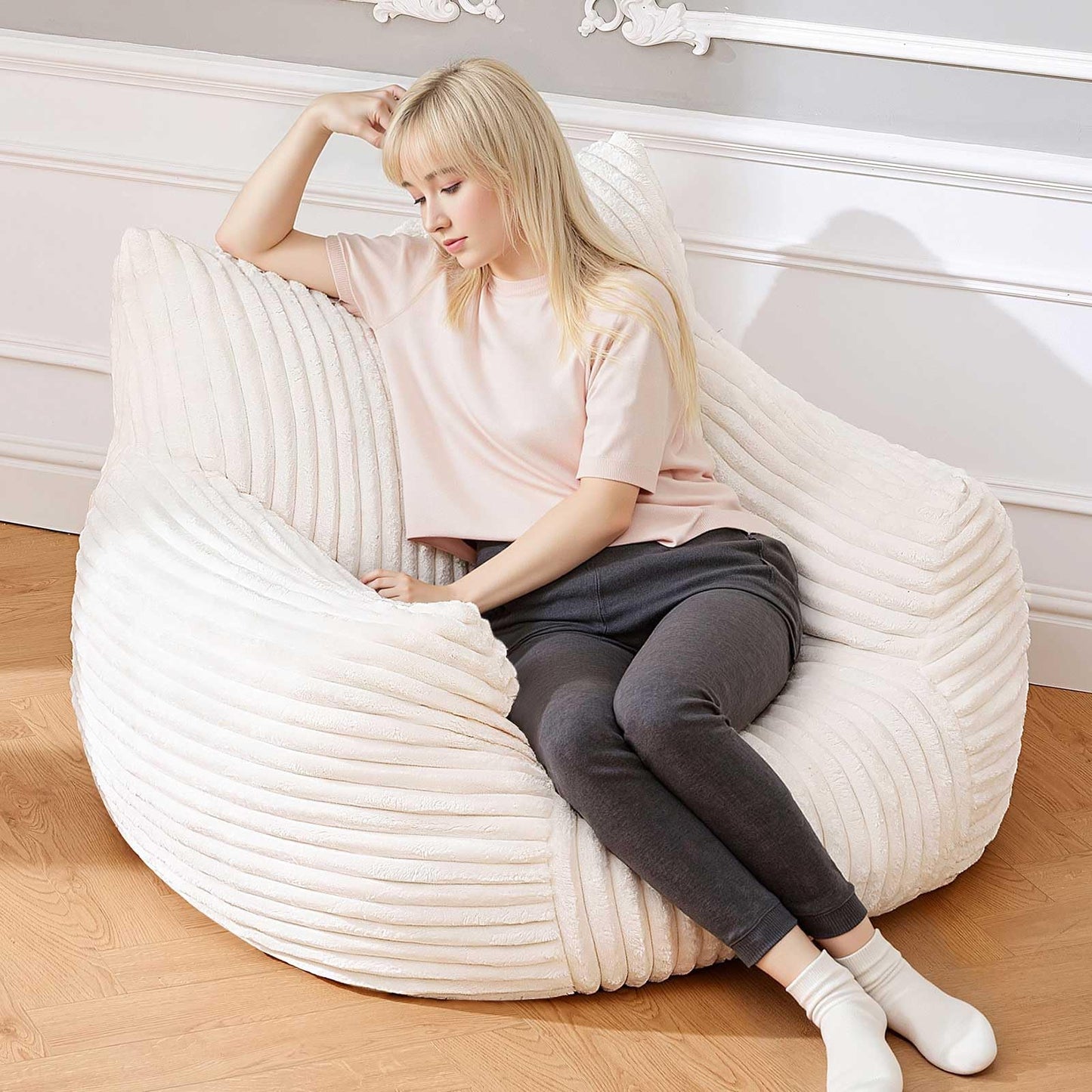 Bean Bag Chairs for Adults with Footstool,Bean Bag with Filler Included，Plush with armrests Bean Bag Chair，Floor Sofa is Suitable for Living Rooms, bedrooms,Reading (Off-White, Sofa Chair)