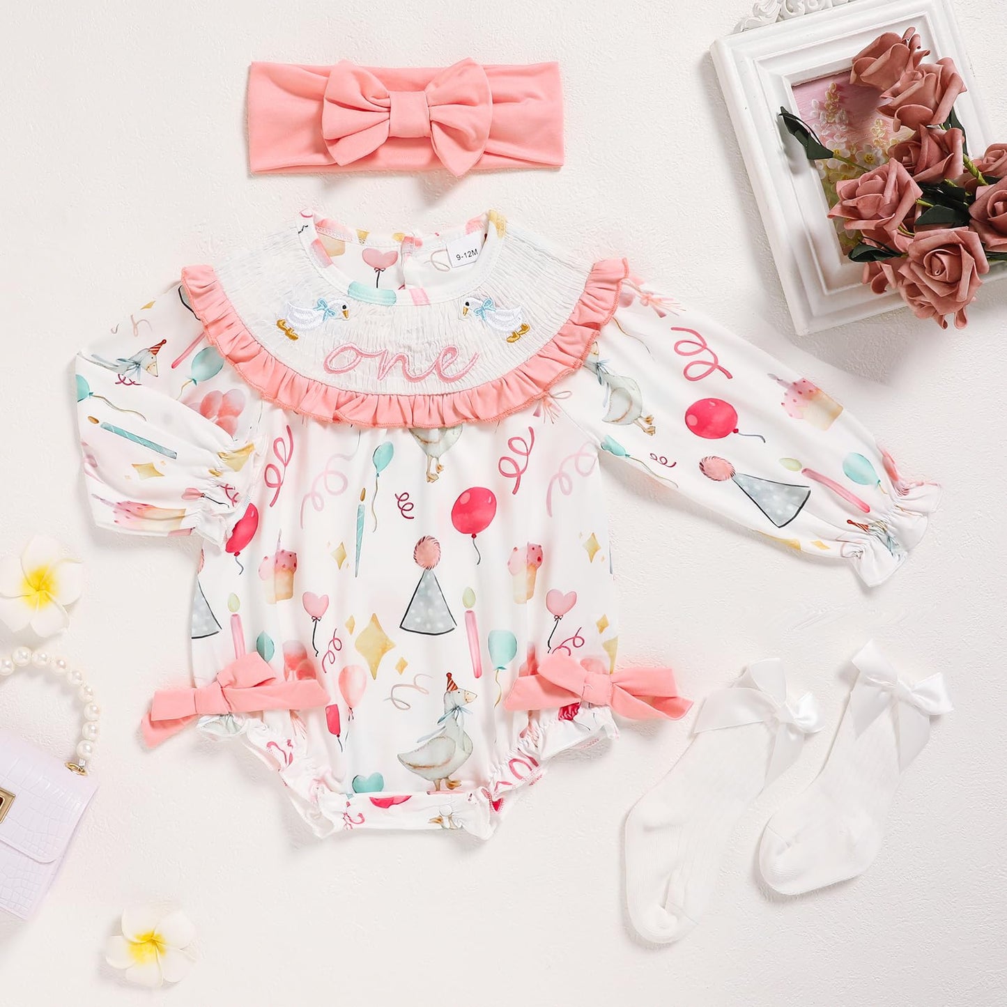 GRNSHTS Baby Girl 1st Birthday Outfits One Year Old Balloon Print Romper Embroidery Bodysuit Cake Smash Clothes(Pink,9-12M)