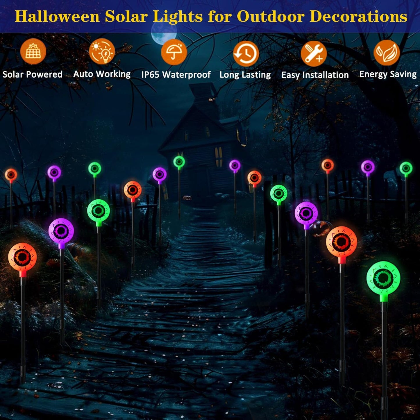 Outdoor Halloween Decorations Set of 6 Solar Garden Lights, Scary Eyeball Solar Landscape Pathway Stake Lights, 8 Modes Waterproof for Halloween Party Home Yard Patio Decorations