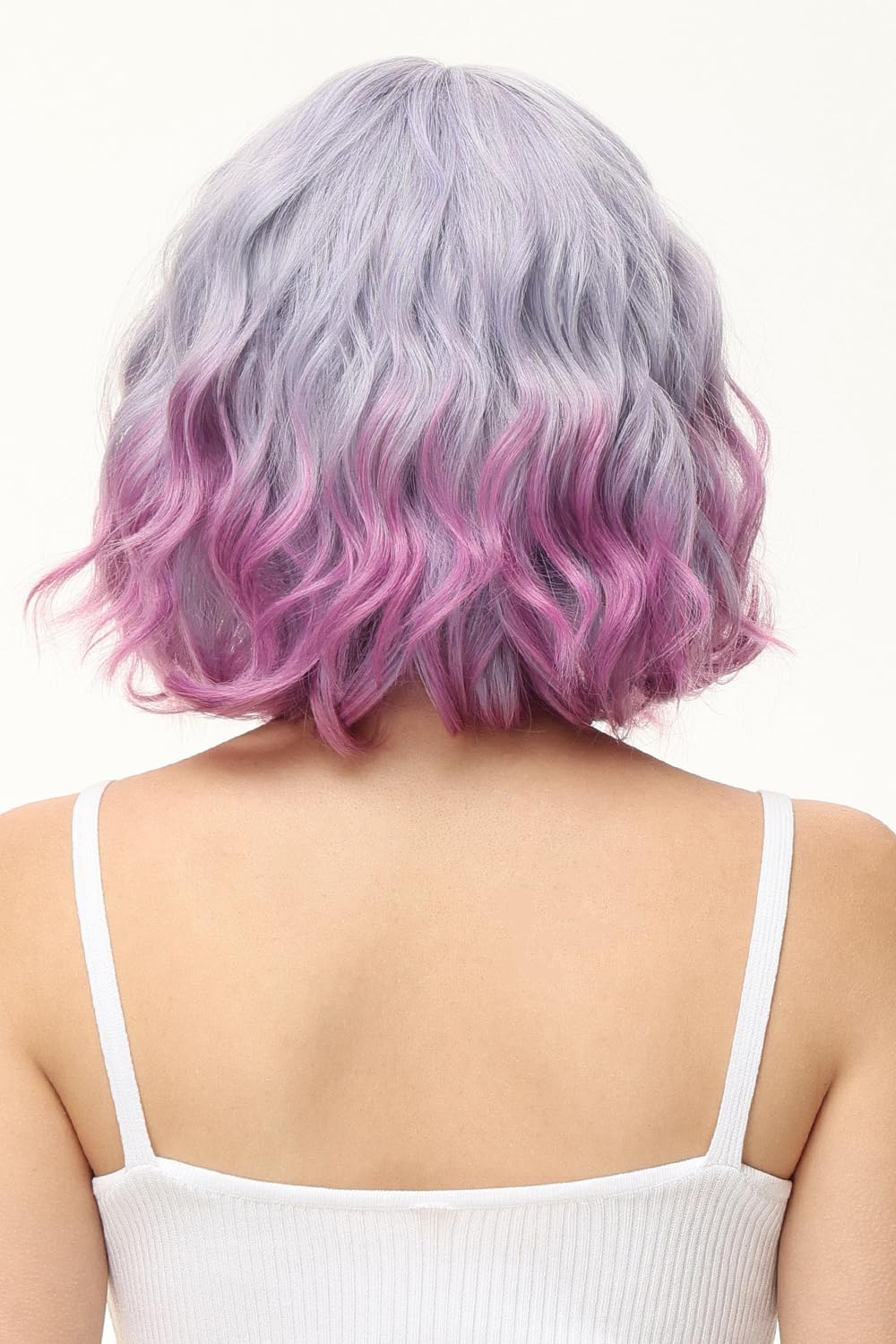 Rose bud Wavy Bob Wig with Bangs Natural Light Purple to Rose Wig Synthetic Hair Shoulder Length Short Curly Wigs for Women