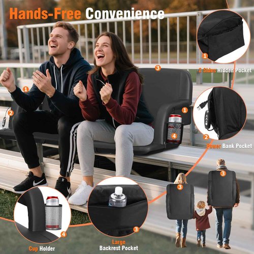 Suteck Dual-Side Heated Stadium Seat with Back Support, 25" Wide Cushion, Foldable Bleacher Chair W/USB 3-Level Heating, 5 Storage Pockets – Portable Stadium Chair for Outdoor Bleachers Camping Games