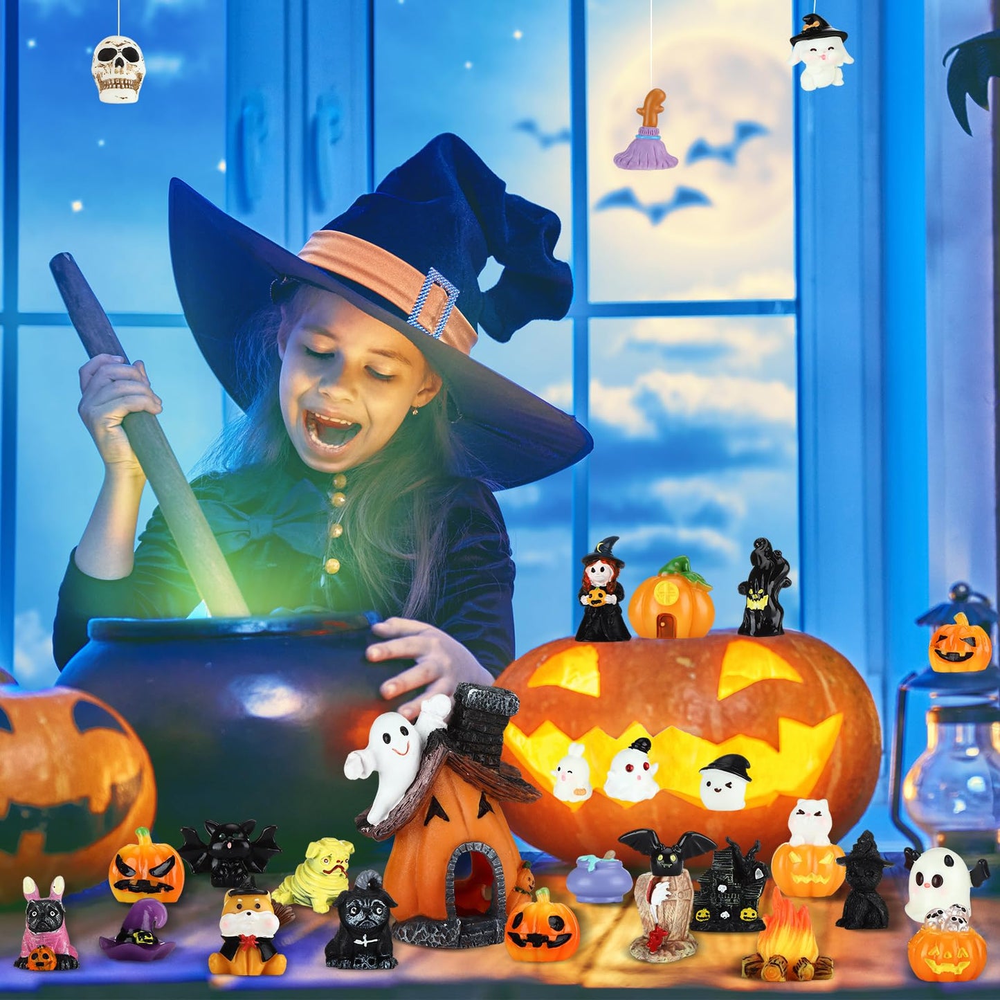 Poen 36 Pcs Halloween Miniature Figurines Resin Pumpkin Ghost Halloween Garden Accessories Miniature Decoration Ornament Kit for Outdoor Kitchen House Village Home