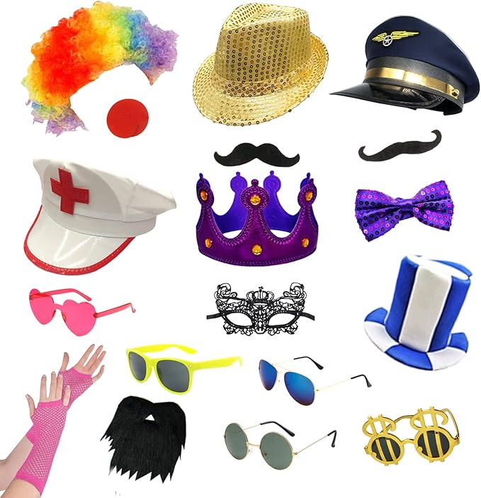 18 Pcs Funny Photo Booth Props for Adults - Assorted Dress Up Costume Hats and Fun Sunglasses - Fun Photo Booth Props Kits...