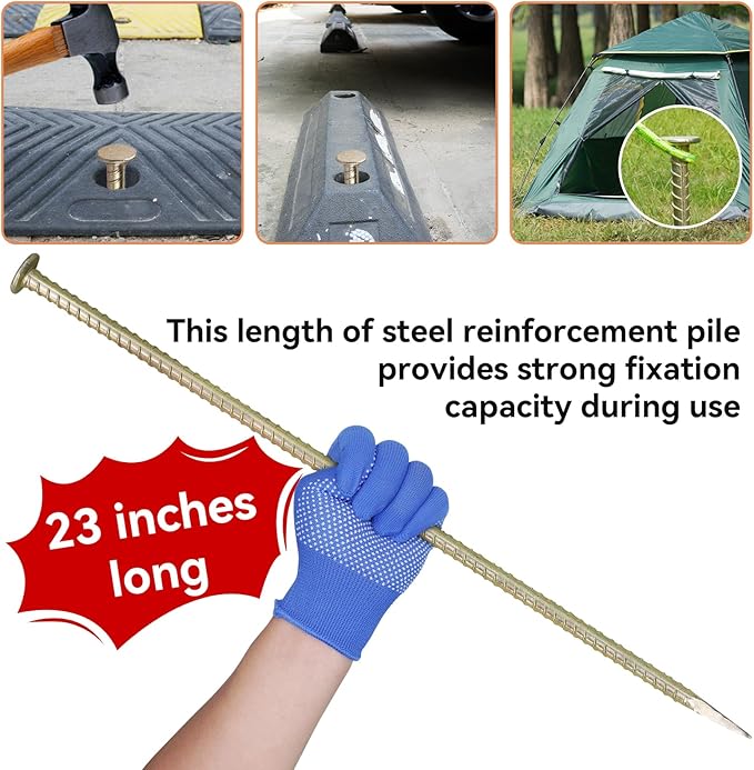 JPOIP 23-Inch Long Rebar Stakes - 1/2 Inch Diameter Heavy Duty Galvanized Steel Ground Asphalt Anchors for Speed Bump, Wheel Stop, Tent and More (4)