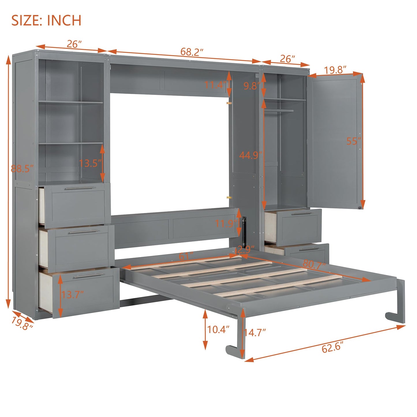 Merax Murphy Bed Queen Size, Built-in Shelves, Storage Drawers and Wardrobe, Wood Folding Wall Bedframe for Guest Room, Home Office, Grey