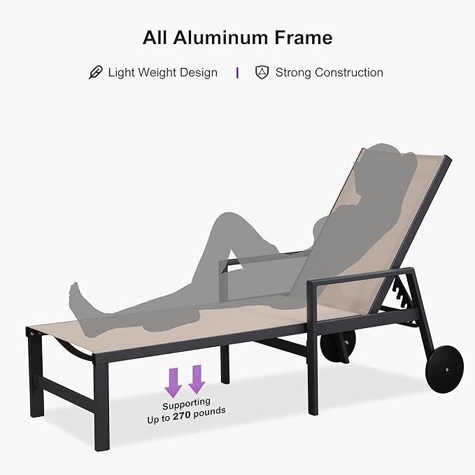PURPLE LEAF Outdoor Chaise Lounge Set for 2 Aluminum Patio Chaise Lounger Chair with Armrest Adjustable Pool Chaise Lounge Chair for Beach Yard Poolside Table Included, Sand Beige