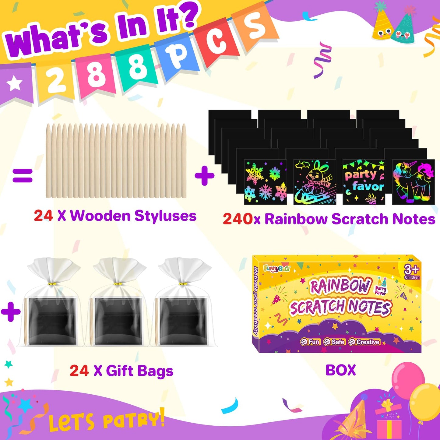 FUNNYB&G Rainbow Scratch Art Party Favors for Kids：288 PCS Scratch Paper Art Craft Kit Girls Boys Back To School Gifts for Kids Students Bulk Birthday Classroom Prizes Goodie Bags Stuffers Mini Notes