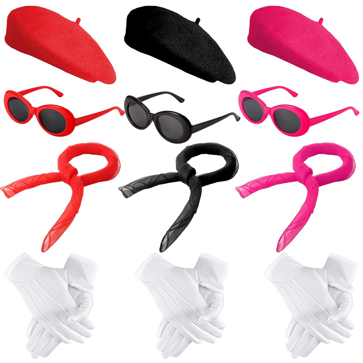 Laumoi 12 Pieces Women's 1950s Mime Costume Set - Beret Hat, Scarf, Gloves, Retro Sunglasses for Halloween Themed Party