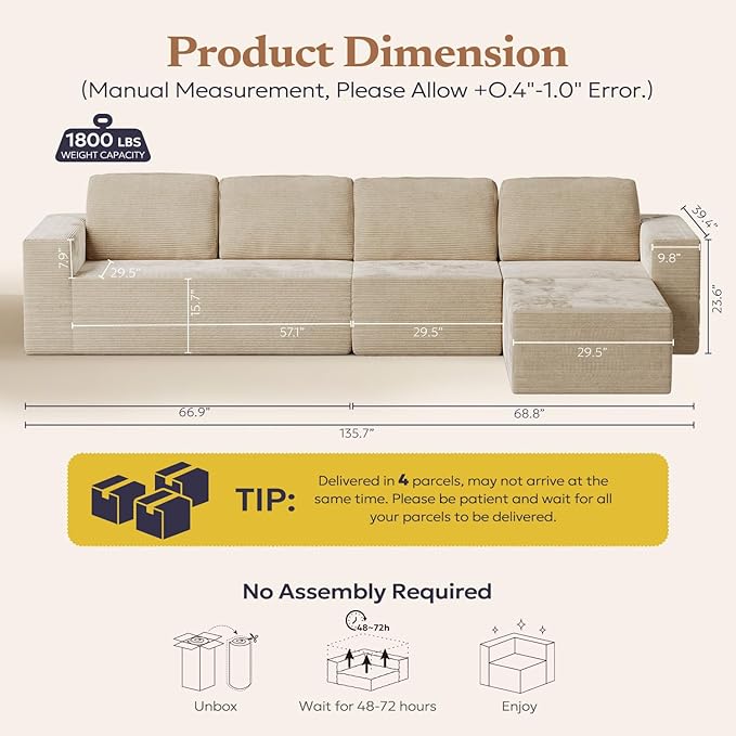 Furnify 136" Cloud Sectional Couch, Left/Right Facing Convertible Sofa with Deep Seat, L-Shape Modular Upholstered Foam Couch for Living Room Bedroom, No Assembly Required (Corduroy Fabric, Beige)