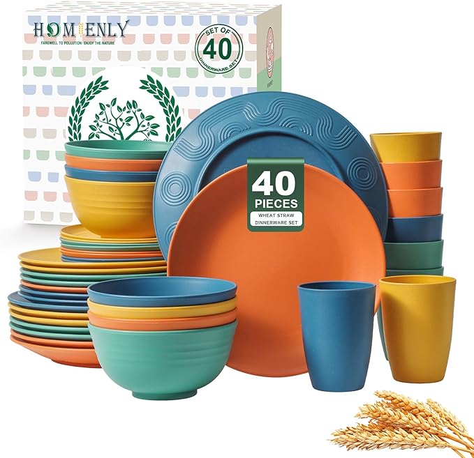 Homienly 40-Piece Premium Wheat Straw Dinnerware Sets, Service for 8, Unbreakable Plates and Bowls Set - Cups Sets, Dinner...