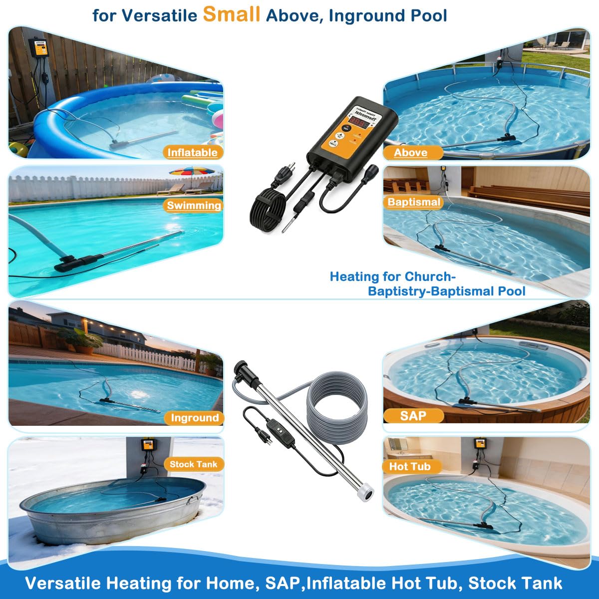 1800W 120V Immersion Water Heater with GFCI, Portable Pool Heater for Small Above Ground Pool, Submersible Hot Tub Heater & Baptismal Pool Heater, Fit Bathtub and Small Inflatable Pool