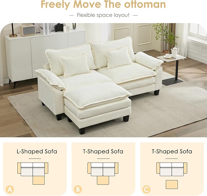 URRED Cloud Couch Modular Sectional Sofa, 87" Modern L Shaped Deep Seat Sofa with Ottoman & Pillows, Ultra Comfy Chenille Couches for Living Room, Bedroom or Apartment, White | Chenille Fabric, Skin Friendly, Breathable, Ergonomic Design, Flexible Modular