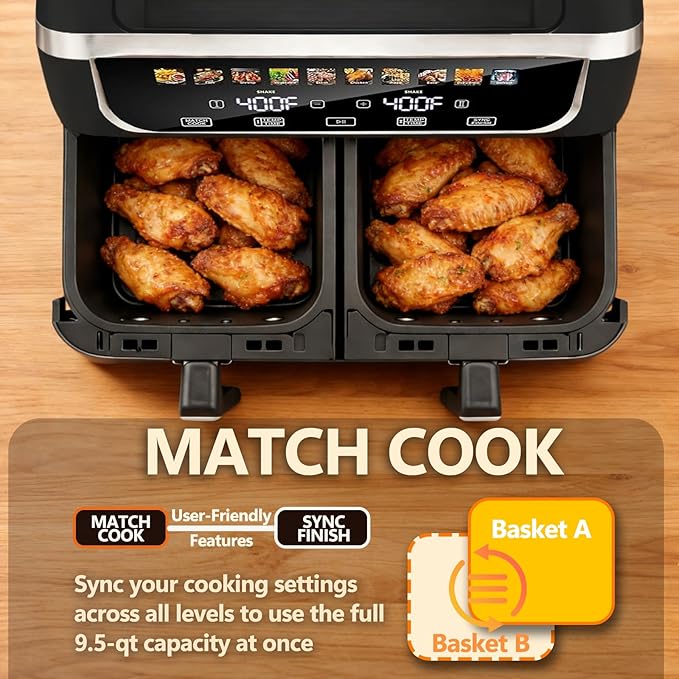 Simple Deluxe 9.5-Qt Dual Basket Air Fryer, 10-in-1 Digital Preset Airfryer, Sync Cook, Independent Temp Control, Shake Reminder, Nonstick Basket, Black