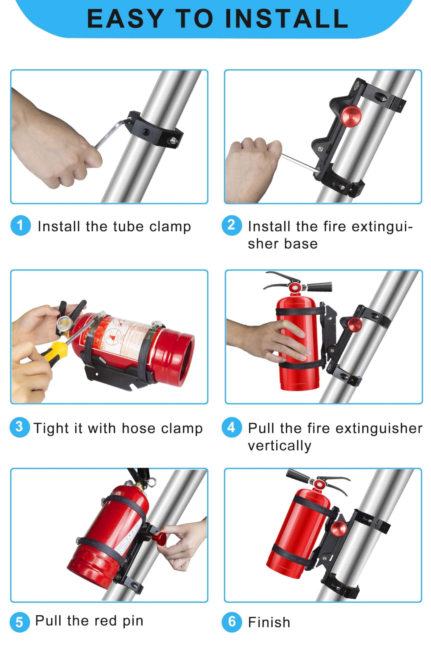 HOZHEM Fire Extinguisher Mount Bracket, Aluminum UTV Quick Release Fire Extinguisher Mount for 1.75''-2'' Roll Bar, Universal for UTV RZR Polaris Ranger Jeep Wrangler, with 4 Clamps