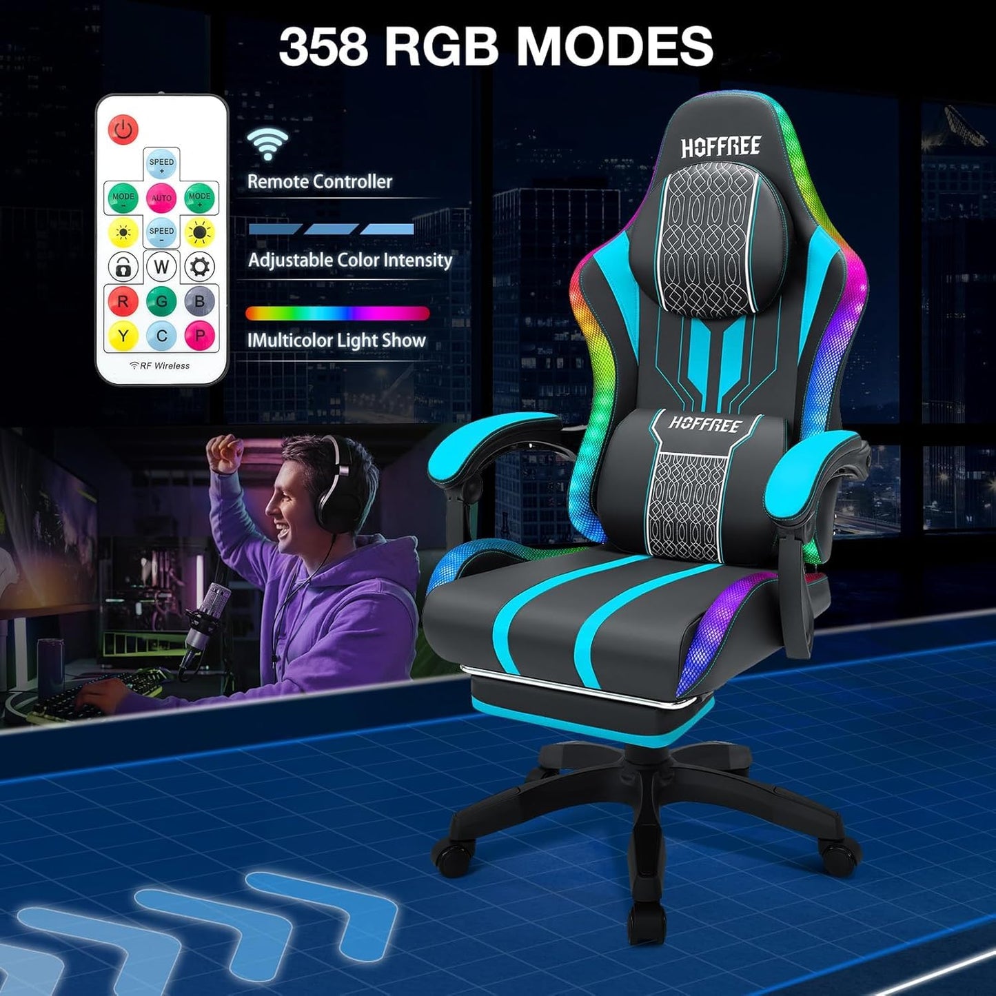 HOFFREE LED Gaming Chair with Speakers Massage Big and Tall Computer Gaming Chairs Ergonomic Reclining Heavy Duty Game Chair with Footrest Blue and Black