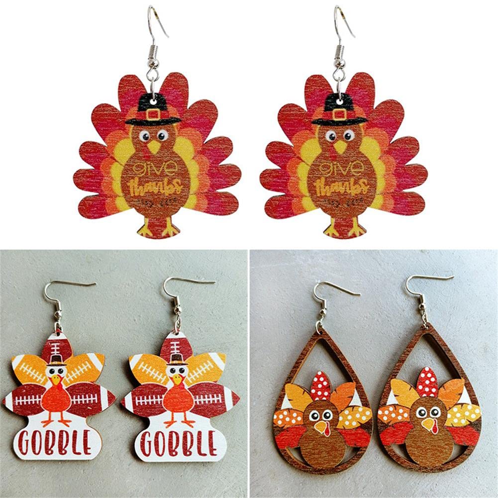Wooden Halloween Earrings - Ghost, Pumpkin, Turkey Dangle Earrings - Cartoon Maple Wood Jewelry for Women - Thanksgiving Drop