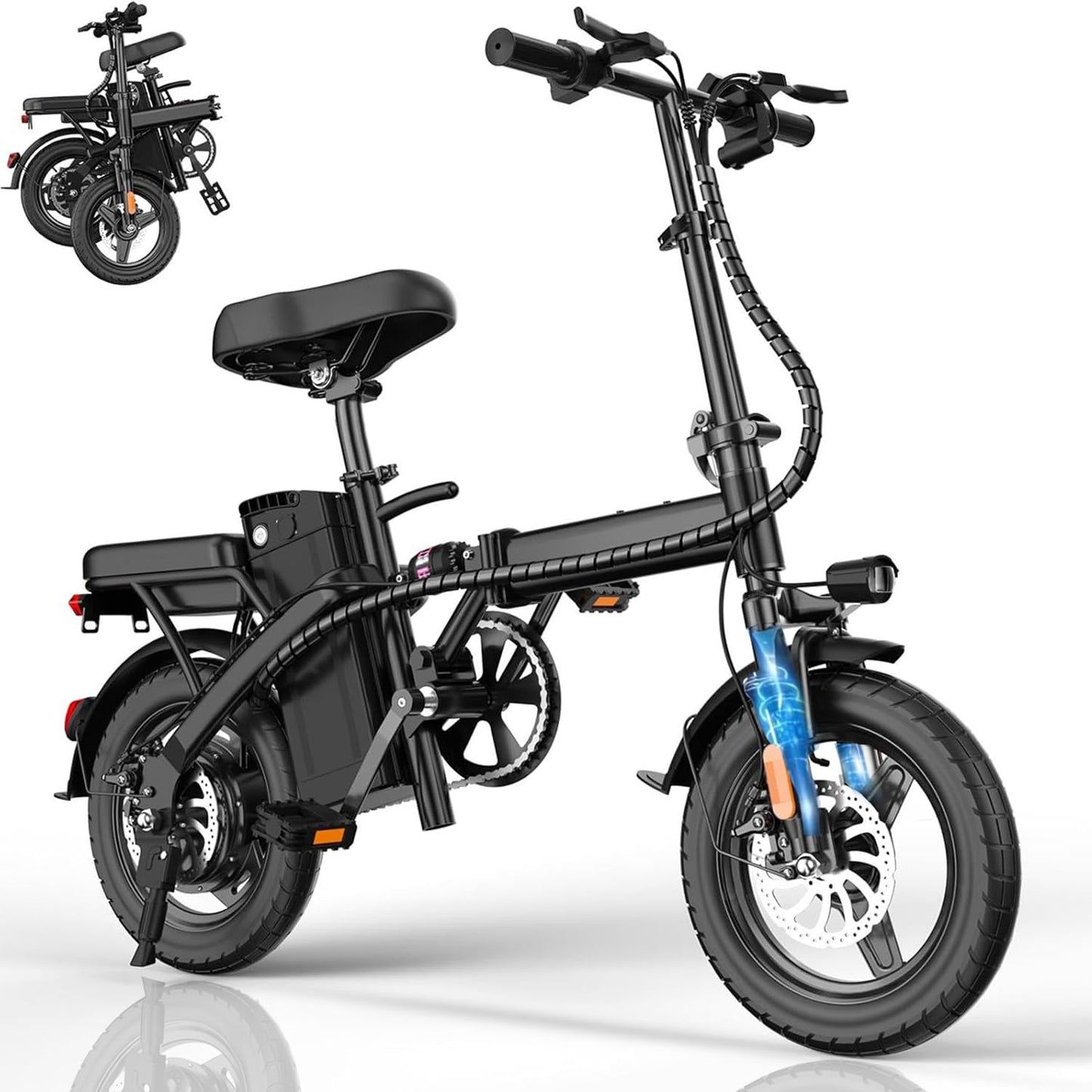 Electric Bike for Adults Peak 500W, 23MPH Max Speed Folding Electric Bicycles, 14" Mini Ebike Pedal Assist, 30° Uphill Shock Absorbers E-Bike, 48V12AH Removable Battery, Top 38 Miles PAS Range (W1)