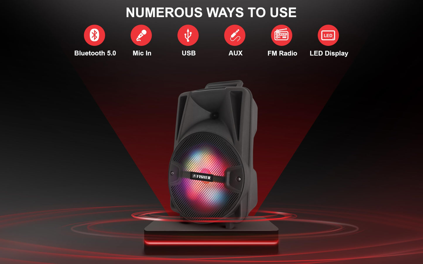 Fisher Portable Bluetooth Wireless Speaker System: 8" Subwoofer 20W Peak Power w Loud HD Bass Sound & LED Lights, Rechargeable, Karaoke, TWS Pairing, USB Port, FM Radio, Speaker Stand