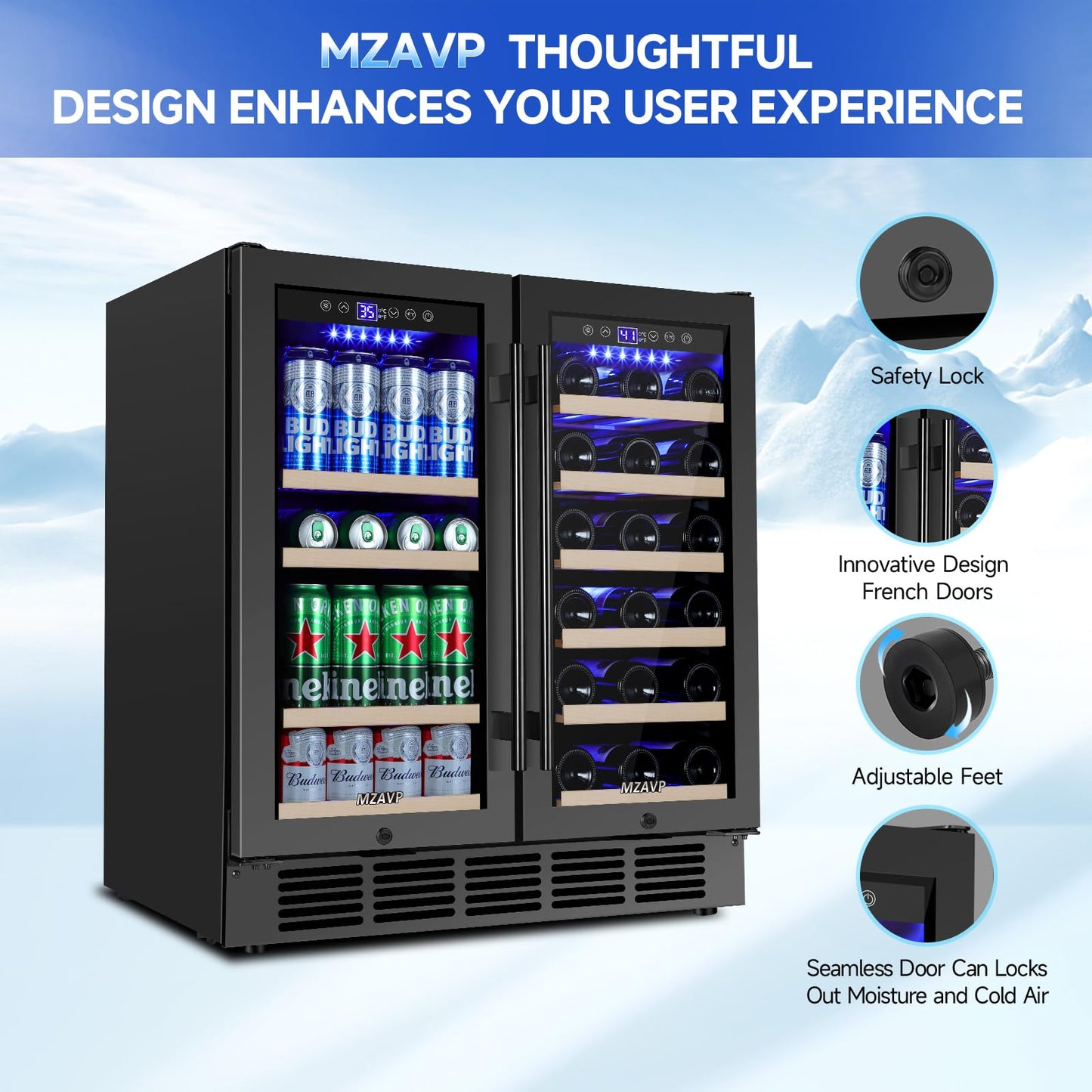 MZAVP 30 Inch Wine and Beverage Refrigerator, Dual Zone Wine Beverage Cooler, 30" Wine Cooler Under Counter or Freestanding Wine Beer Fridge with Upgraded Cooling, Holds 30 Bottles and 110 Cans, Black